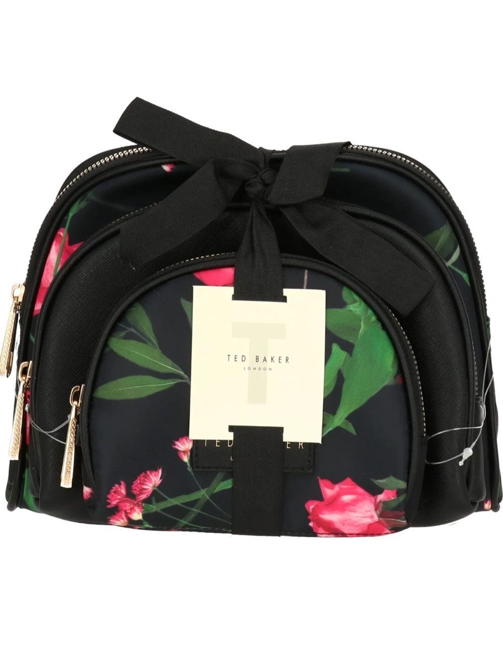 Ted Baker Black Pink Green 3pc cosmetic bag gift set Scattered Bouquet Floral